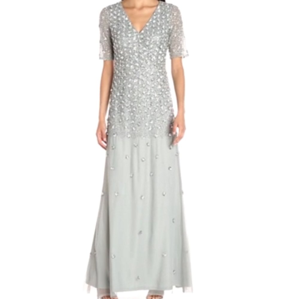 Adrianna Papell gray beaded  v-neck  dress size 10